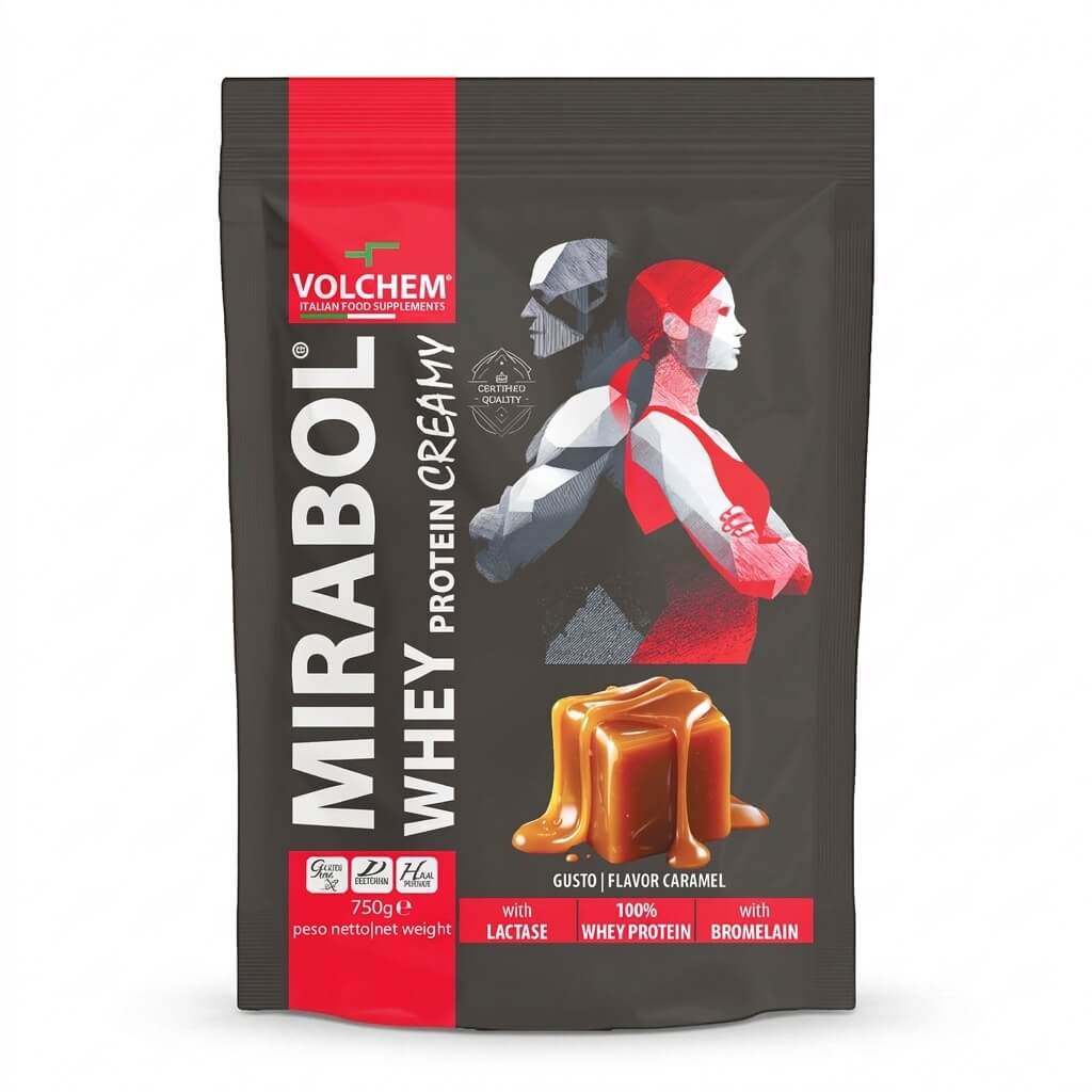 MIRABOL® WHEY PROTEIN CREAMY 750g sacchetto - sieroproteine del latte con enzimi digestivi - Gusti: Cappuccino/Cioccolato/Caramel/Fragola