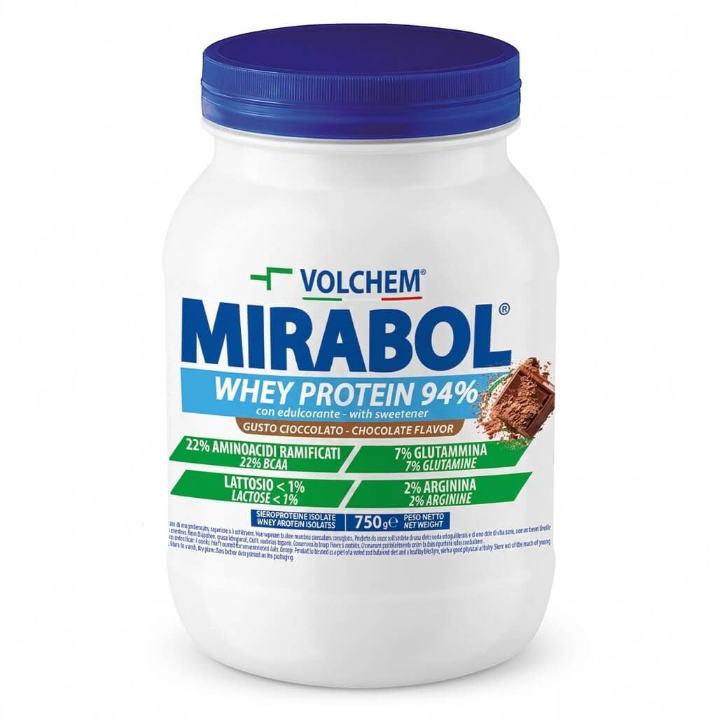 MIRABOL® WHEY PROTEIN 94% 750g SIEROPROTEINE DEL LATTE VELOCI - Gusti: Banana/Caffè/Cioccolato/Vaniglia/Fragola/Bacio/Double Chocolate