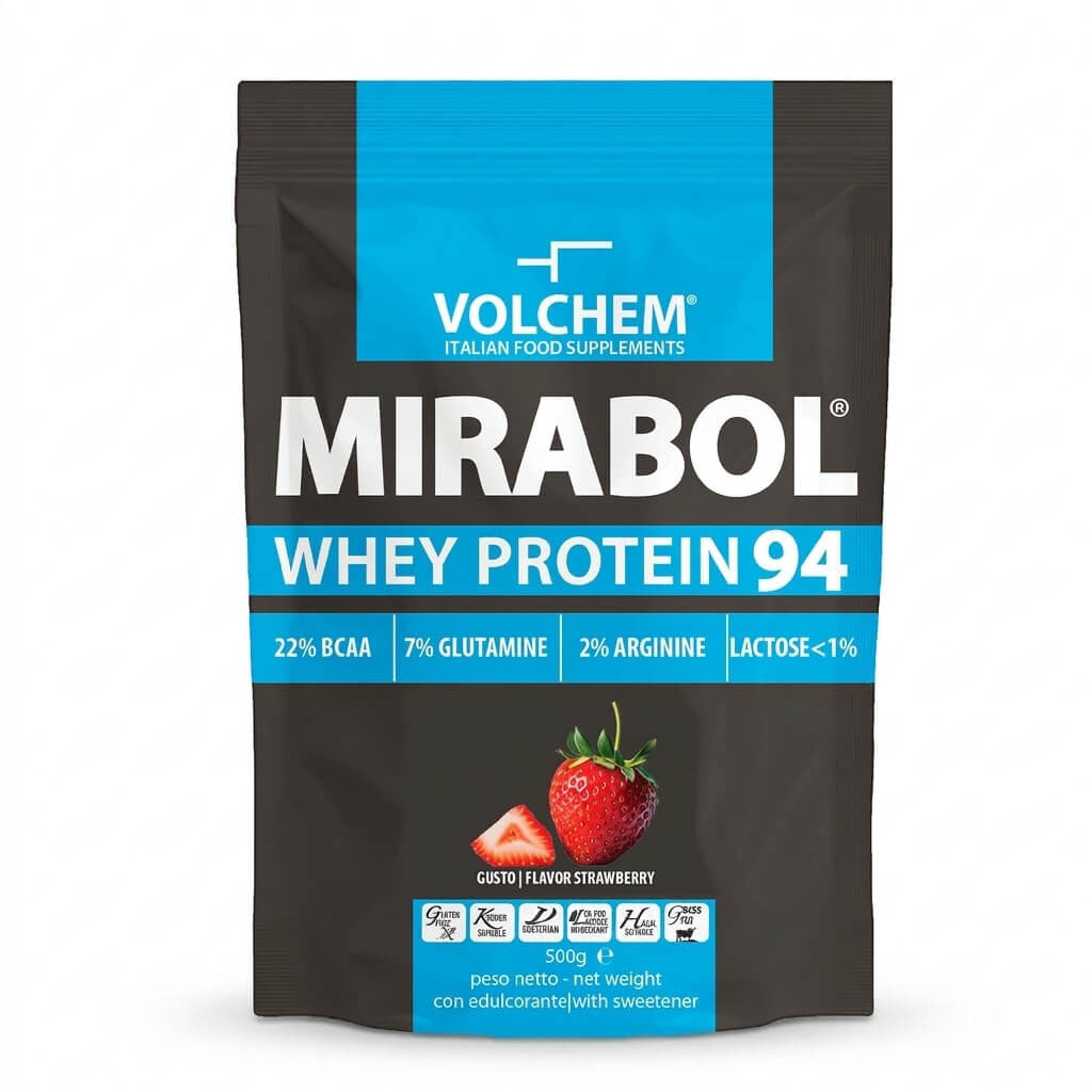 MIRABOL® WHEY PROTEIN 94% 500g Gusti: Banana/Caffè/Cioccolato/Vaniglia/Fragola/Bacio/Double Chocolate