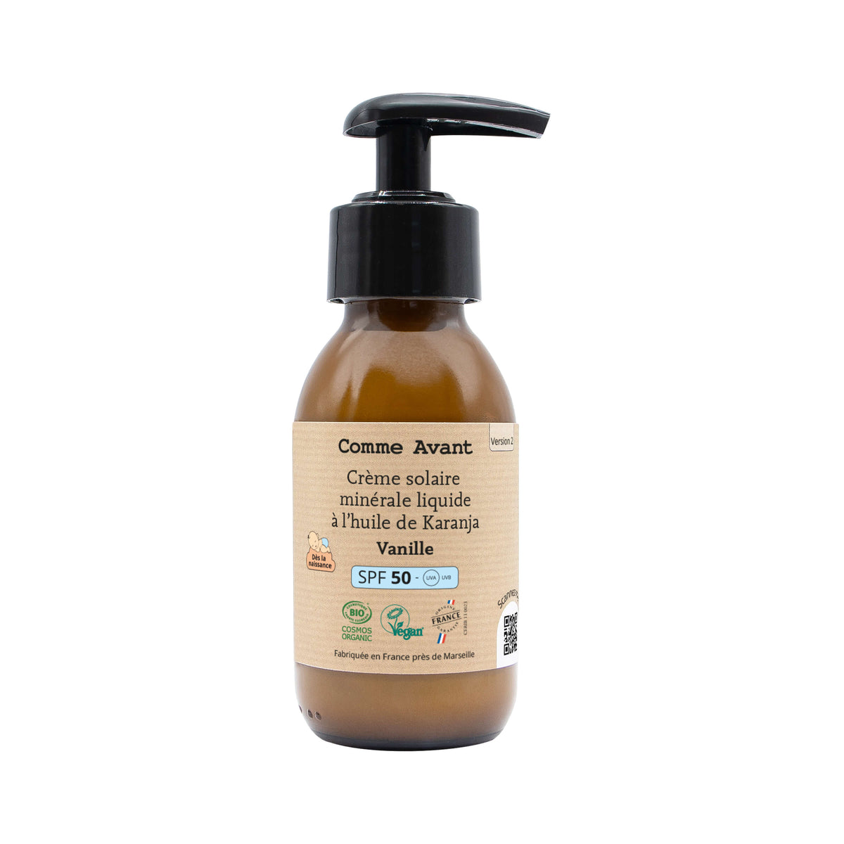 Crema solare minerale liquida SPF50 Comme Avant profumo Vaniglia, flacone 90 ml